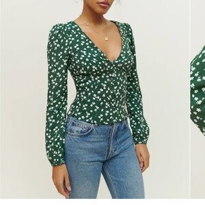 Reformation Emerald Green Floral V-Neck Long Sleeve Top
